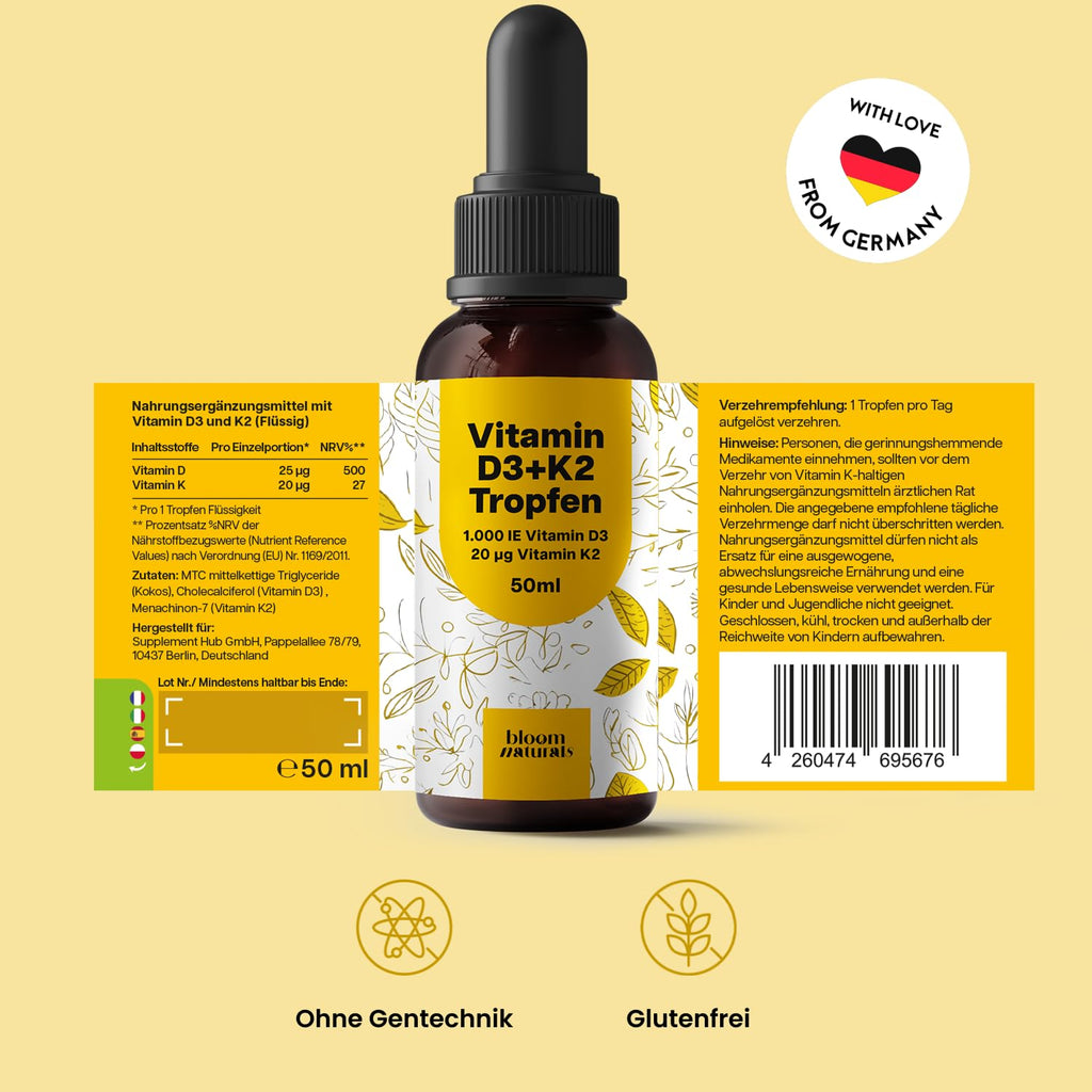 Vitamin D3 K2 Tropfen hochdosiert - 50 ml - 1.000 IE D3 + 20 µg K2, Vitamin D produziert in Deutschland - Verpackung kann variieren Laborgeprüft