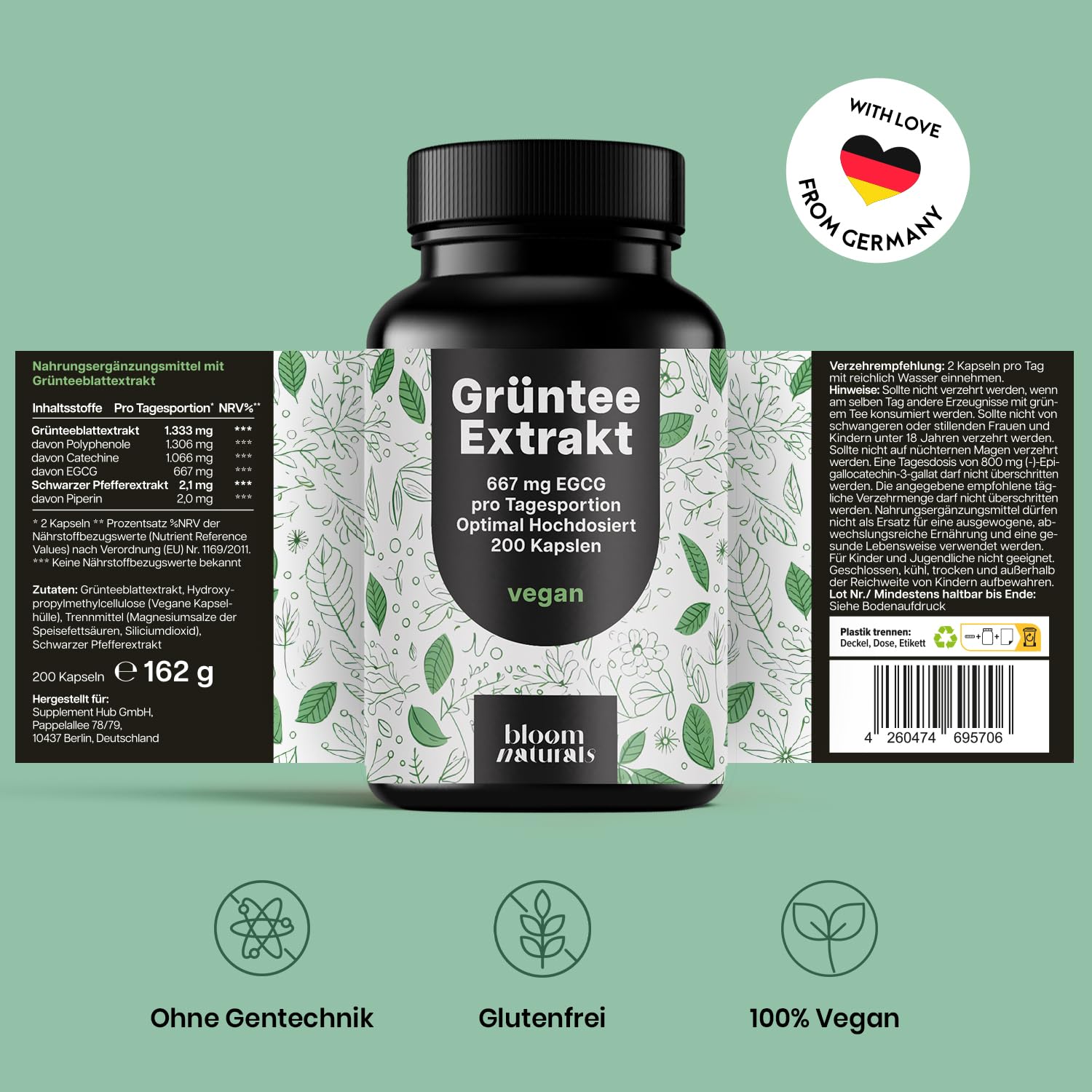 Hochdosierter Grüntee Extrakt 200 Kapseln - Vegan