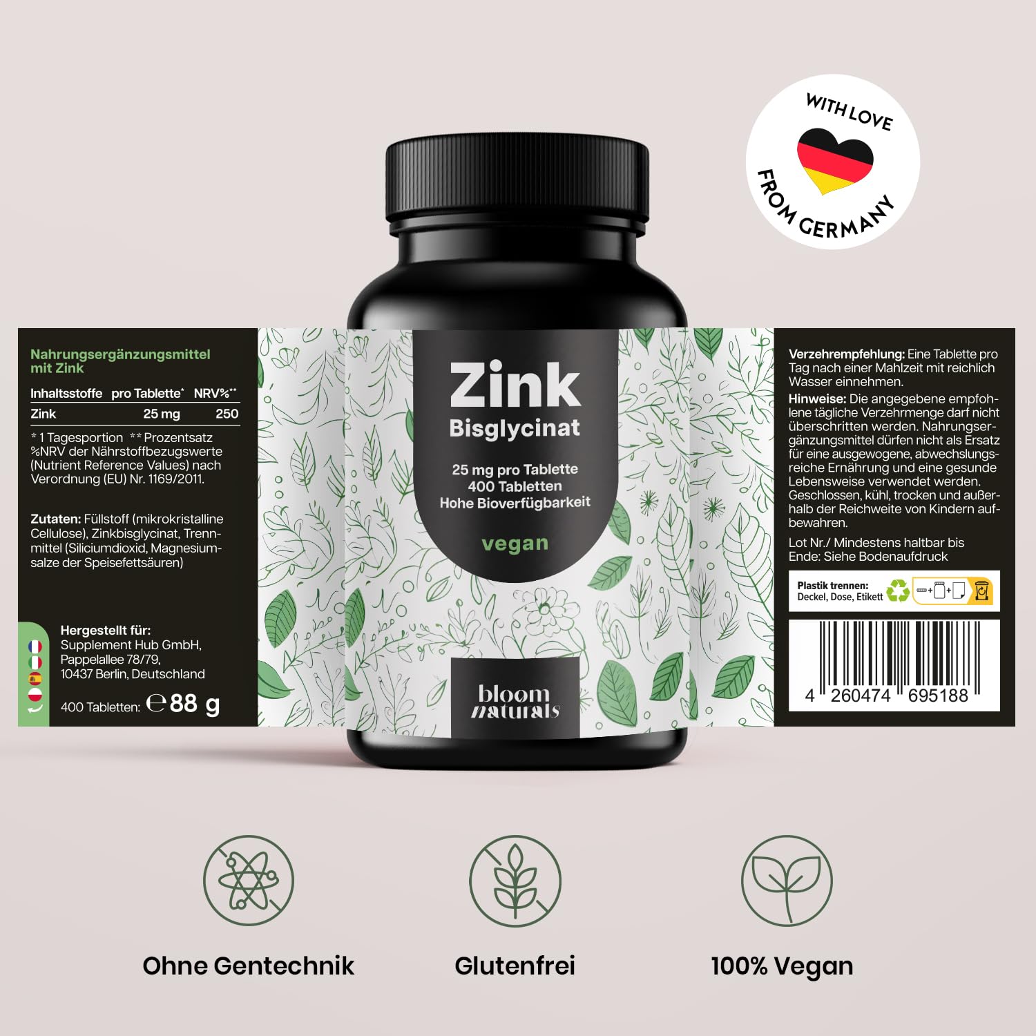 Hochdosierte Zink Tabletten 25mg - 400 Vegane Tabletten
