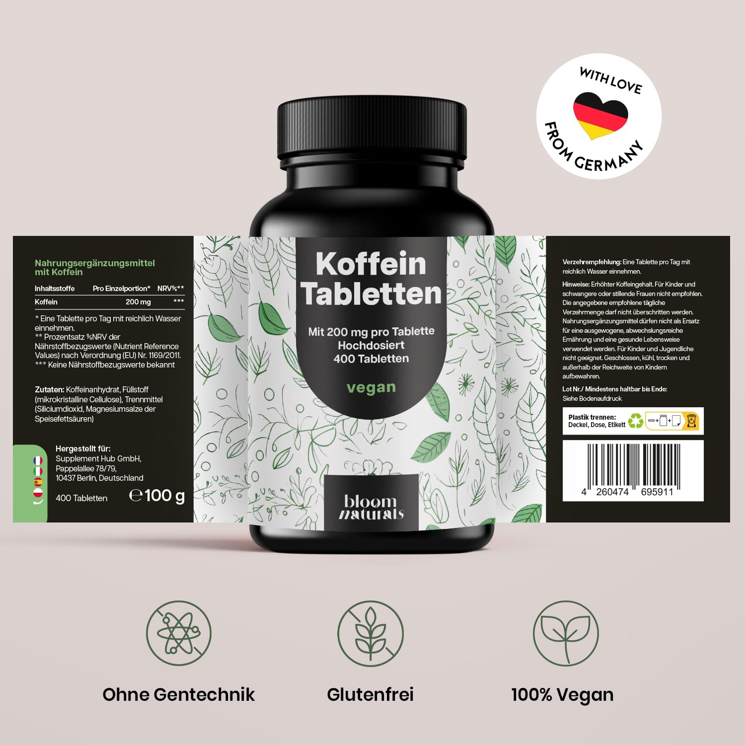 Hochdosierte Koffeintabletten – 400 Stück, 200 mg vegan
