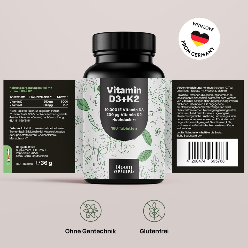 Hochdosiertes Vitamin D3 K2 - 180 Tabletten - 10000 IE