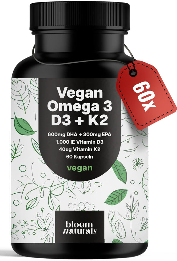 Vegan Omega 3 D3 + K2 600mg DHA, 300mg EPA, 60 Caps