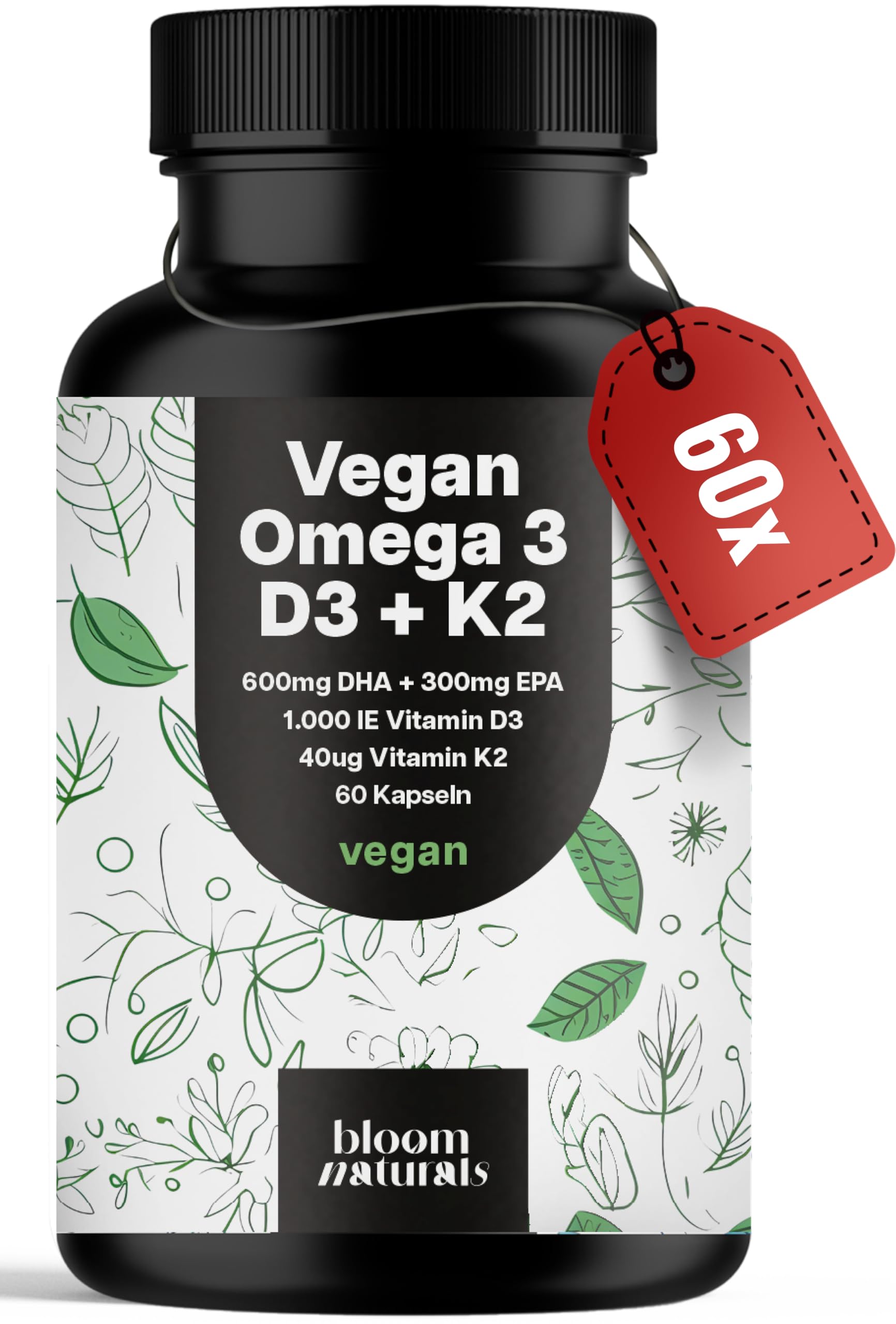Vegan Omega 3 D3 + K2 600mg DHA, 300mg EPA, 60 Caps