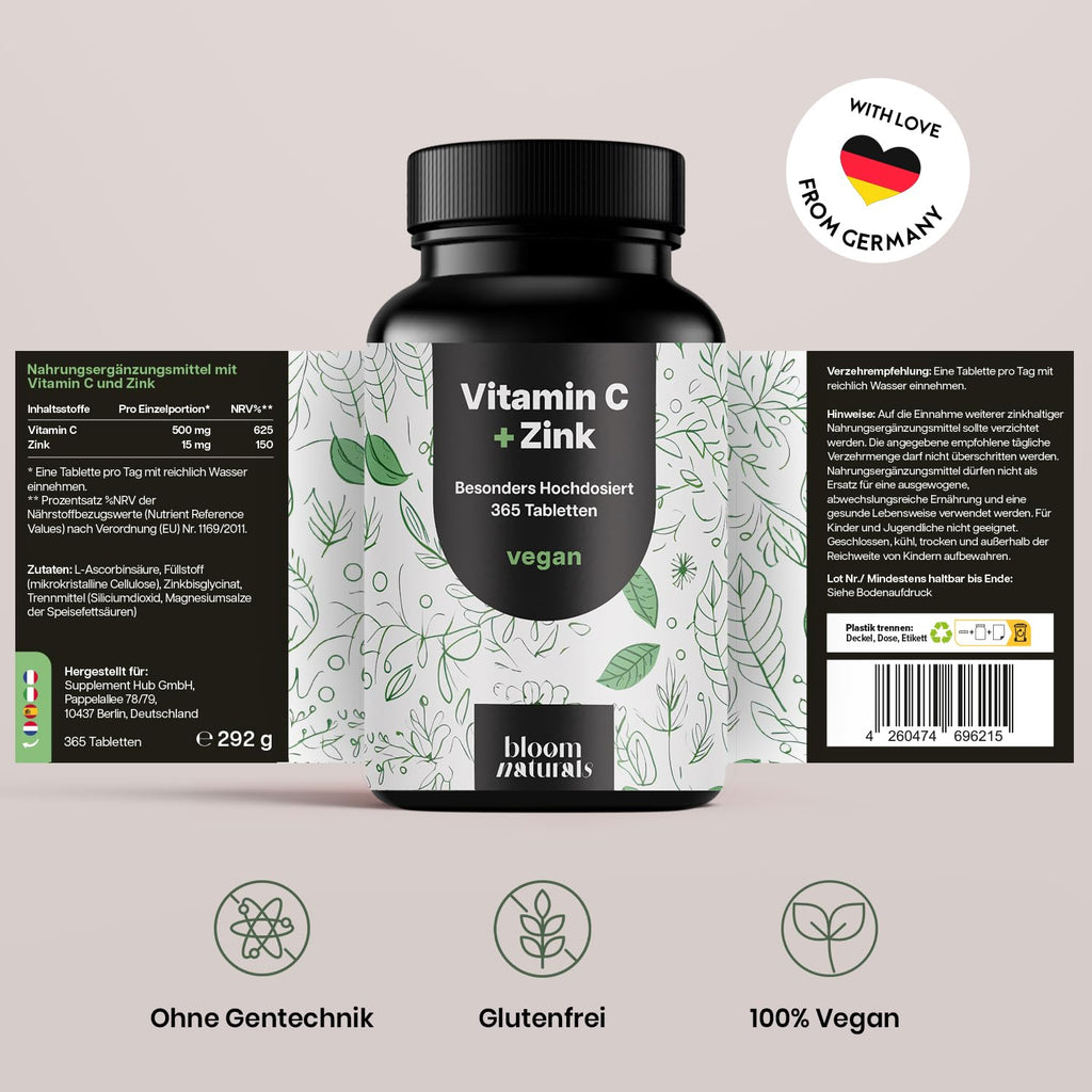 Vitamin C & Zinc Tablets – High Dose, 365 Vegan Tablets