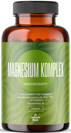 Magnesium Komplex hochdosiert - 200 Kapseln - 400 mg Magnesium pro Tag + Vitamin C, mit Bisglycinat,