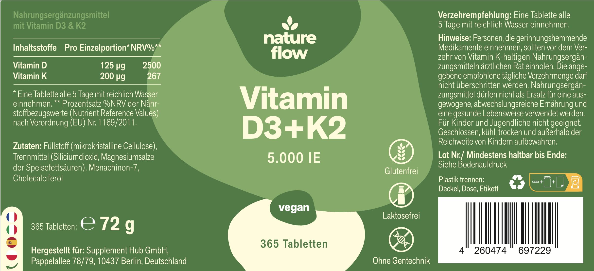 Vitamin D3 K2 5000 IE hochdosiert – 365 Tabletten – Premium 99,7+% All-Trans K2-MK7 – produziert in 