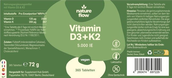 Vitamin D3 K2 5000 IE hochdosiert – 365 Tabletten – Premium 99,7+% All-Trans K2-MK7 – produziert in 