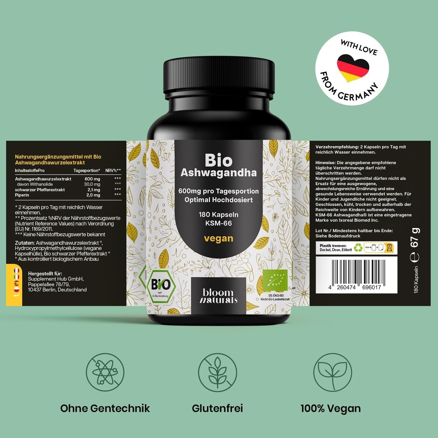Hochdosierte Bio Ashwagandha Kapseln 600 mg - 180 Stück