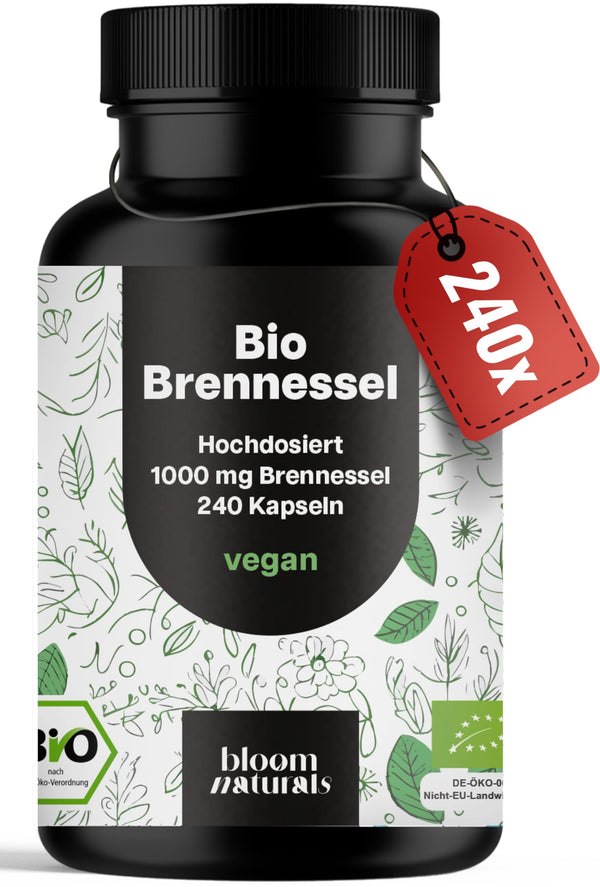 Bio Brennesselkapseln Hochdosiert – 240 vegane Kapseln – 1000 mg Brennnessel pro Tagesportion – aus 