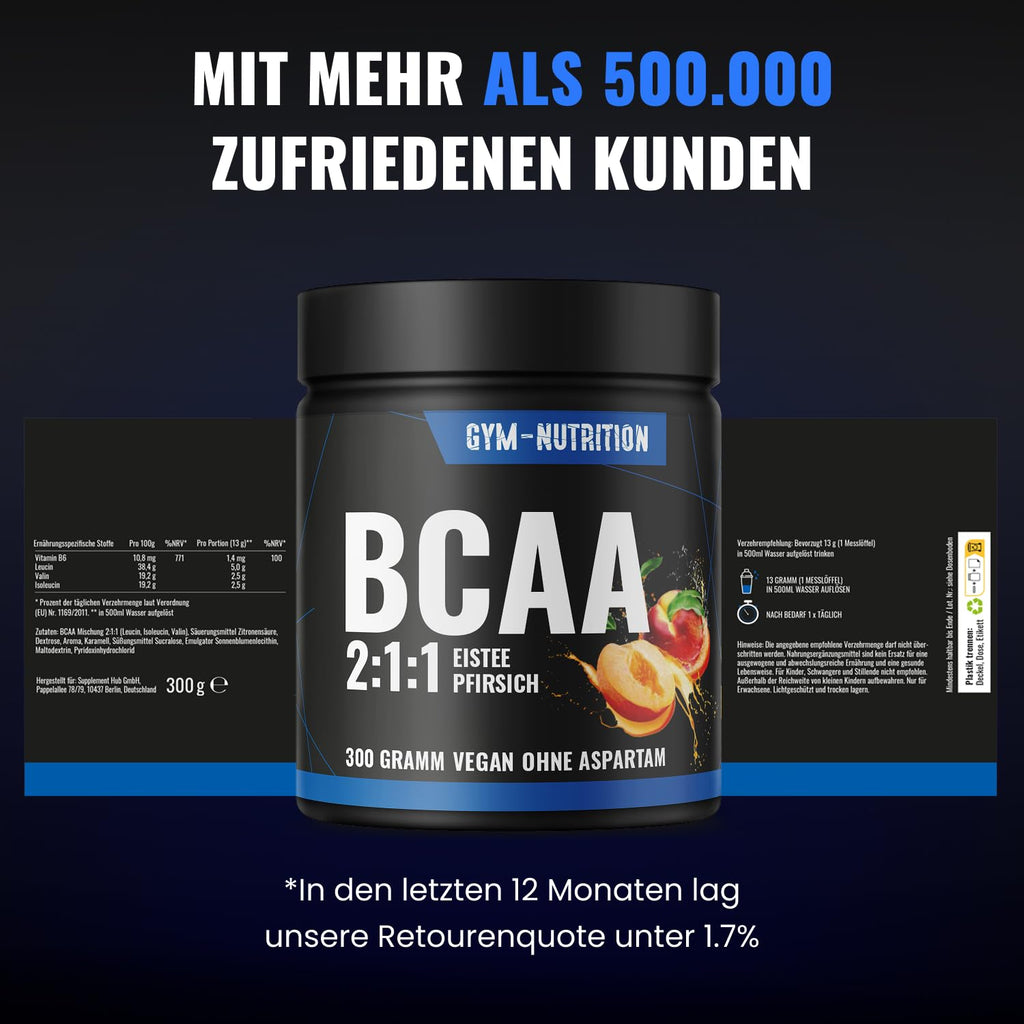 BCAA Pulver Ice Tea Peach hochdosiert - 2:1:1 mit 13.000mg pro Portion - Essentielle Aminosäuren Leucin, Isoleucin, Valin - Leckerer Geschmack - Vegan & in Deutschland produziert