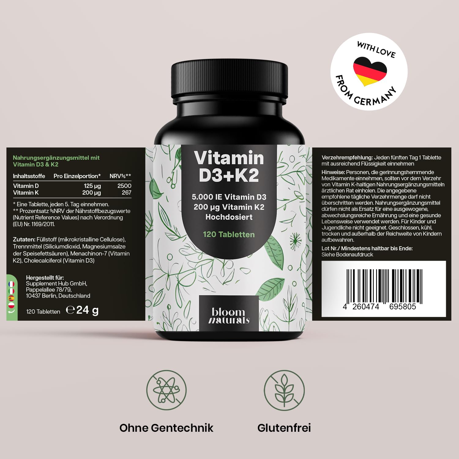 Vitamin D3 K2 Hochdosiert – 120 Tabletten 5000 IE D3