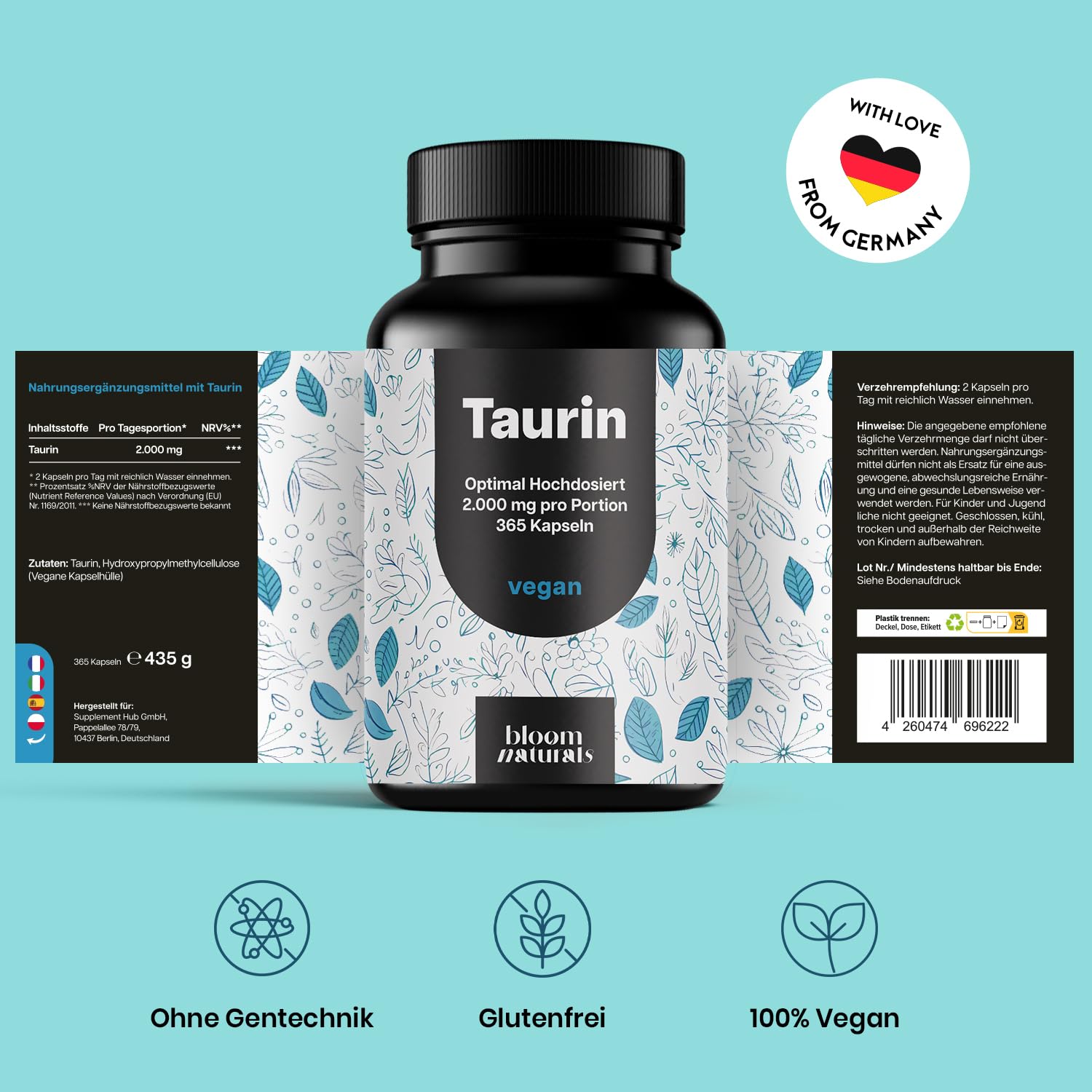 Hochdosierte Taurin Kapseln - 365 Vegan - 2000 mg