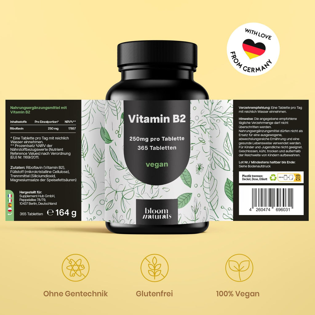 Vitamin B2 250mg - 365 Vegan Tablets - Made in Germany