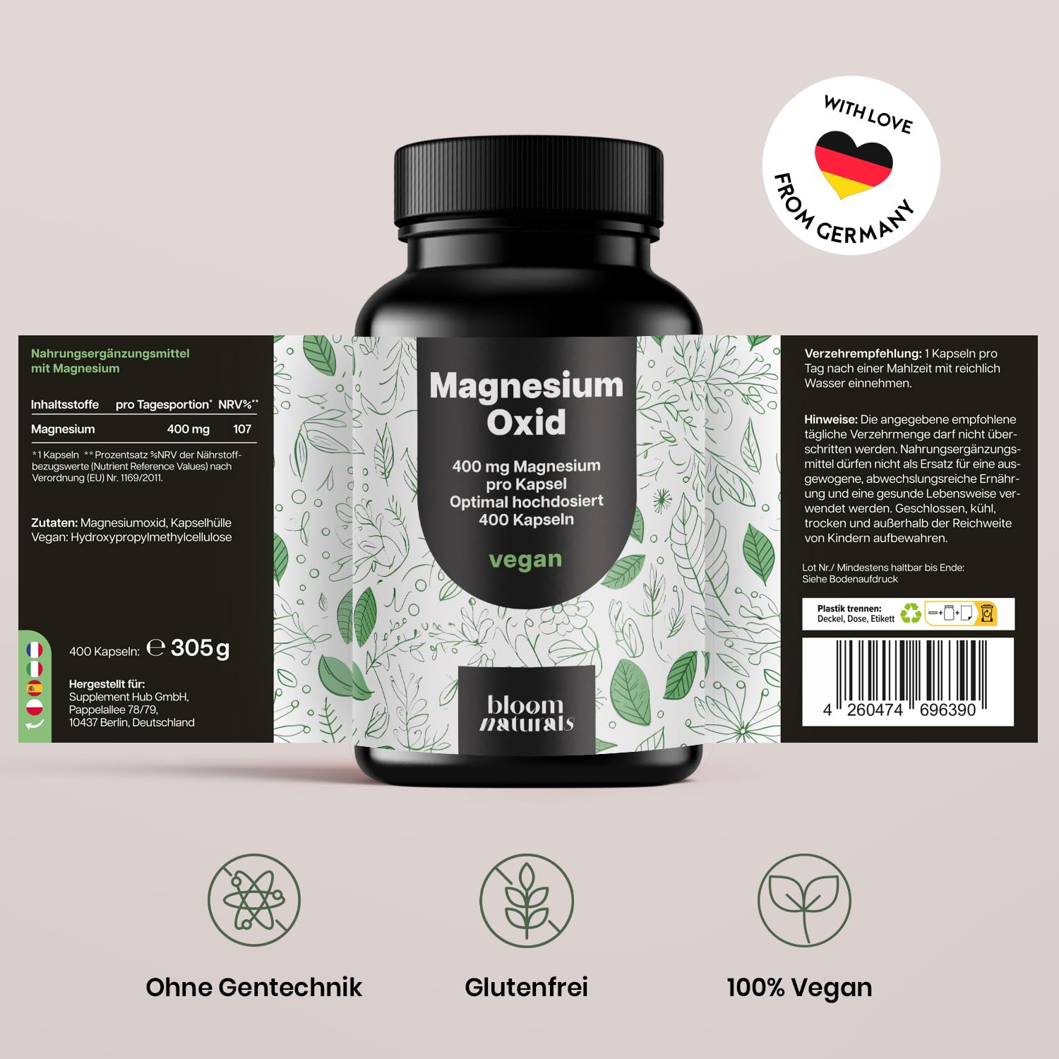 Magnesium oxid 400mg Kapseln - Hochdosiert, Vegan, 400 Stück