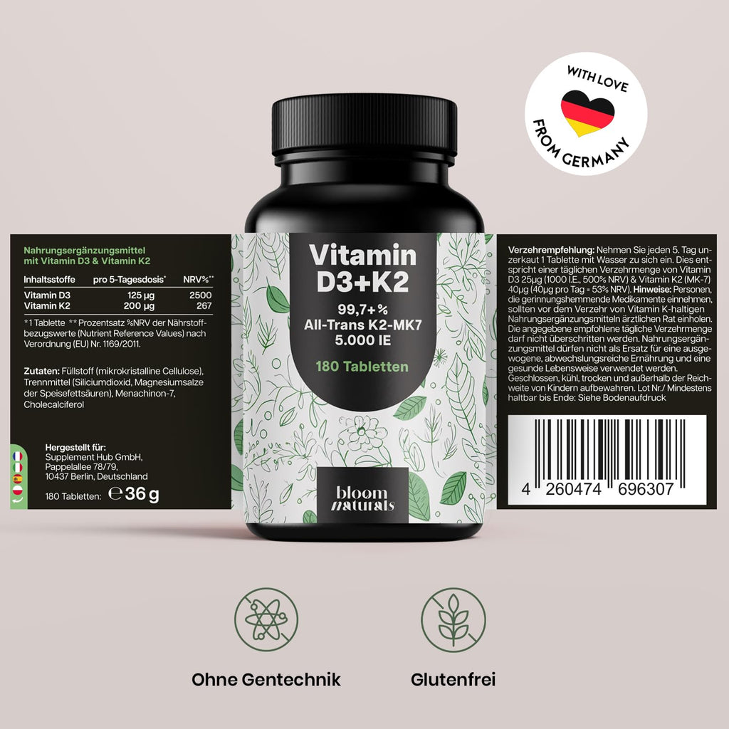 Vitamin D3 K2 5000 IE – 180 Premium Tablets – Made in Germany
