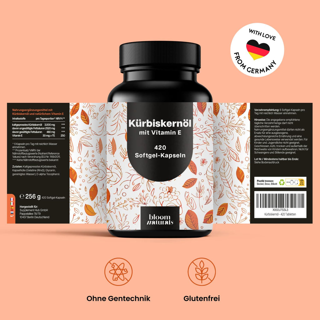 Kürbiskernöl Kapseln Hochdosiert mit Vitamin E - 420 Softgel-Kapseln - 3000 mg K Bild 6