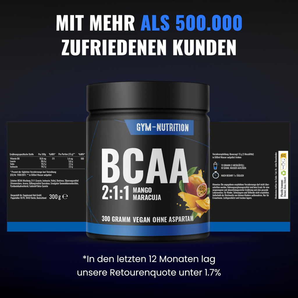 BCAA Pulver Mango-Maracuja hochdosiert - 2:1:1 mit 13.000mg pro Portion - Essentielle Aminosäuren Leucin, Isoleucin, Valin - Leckerer Geschmack - Vegan & in Deutschland produziert