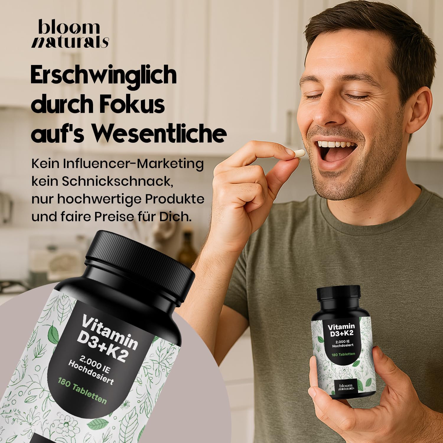 Vitamin D3 K2 hochdosiert – 180 Tabletten, 2000 IE