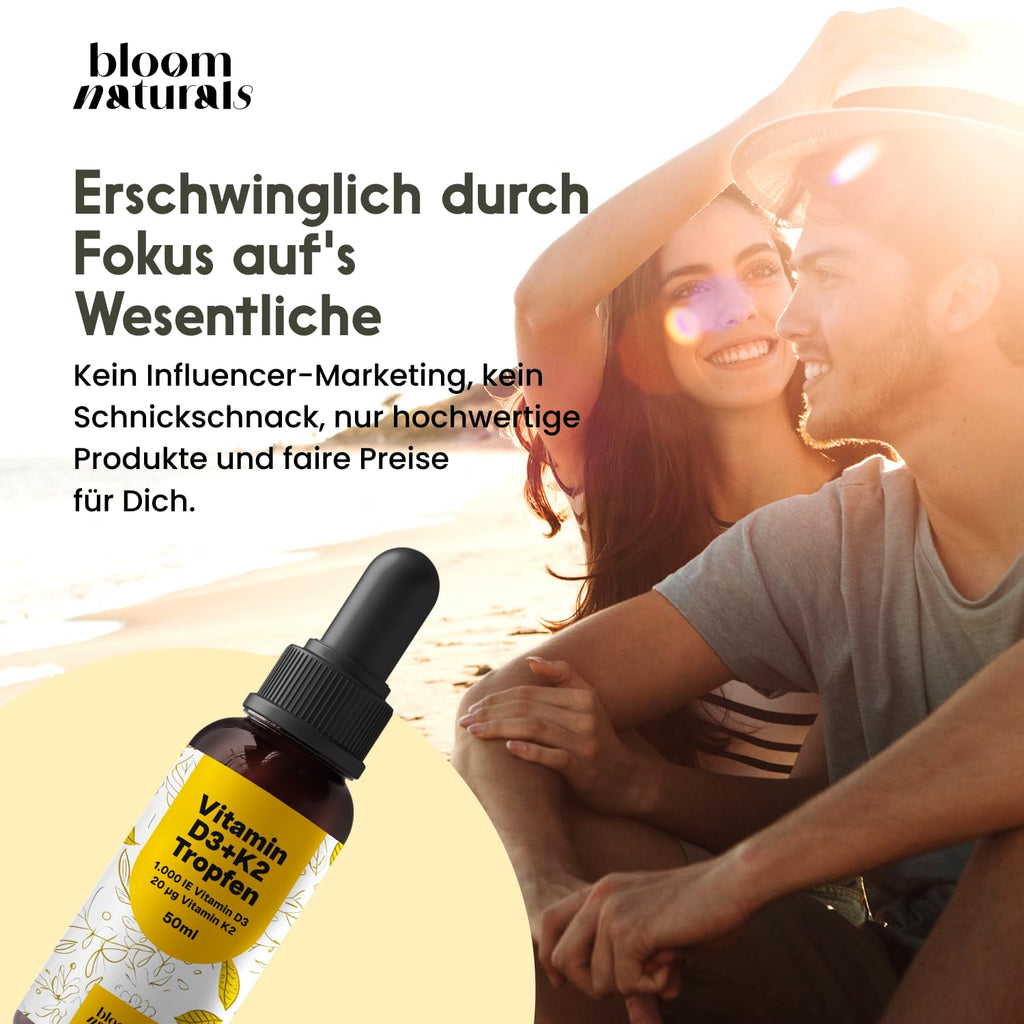 Vitamin D3 K2 Tropfen hochdosiert - 50 ml - 1.000 IE D3 + 20 µg K2, Vitamin D produziert in Deutschland - Verpackung kann variieren Laborgeprüft