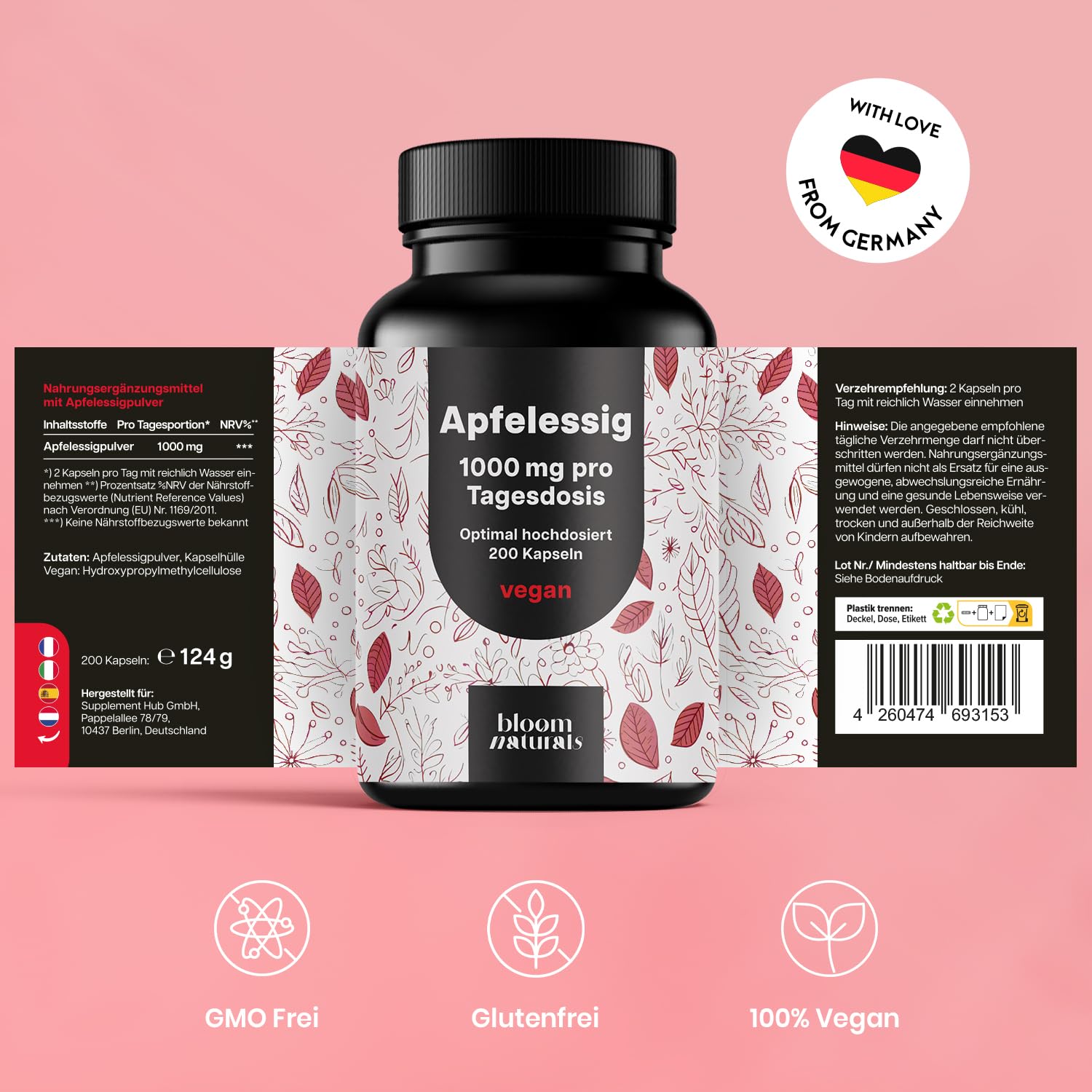 200 Hochdosierte Apfelessig Kapseln - Vegan & Laborgeprüft