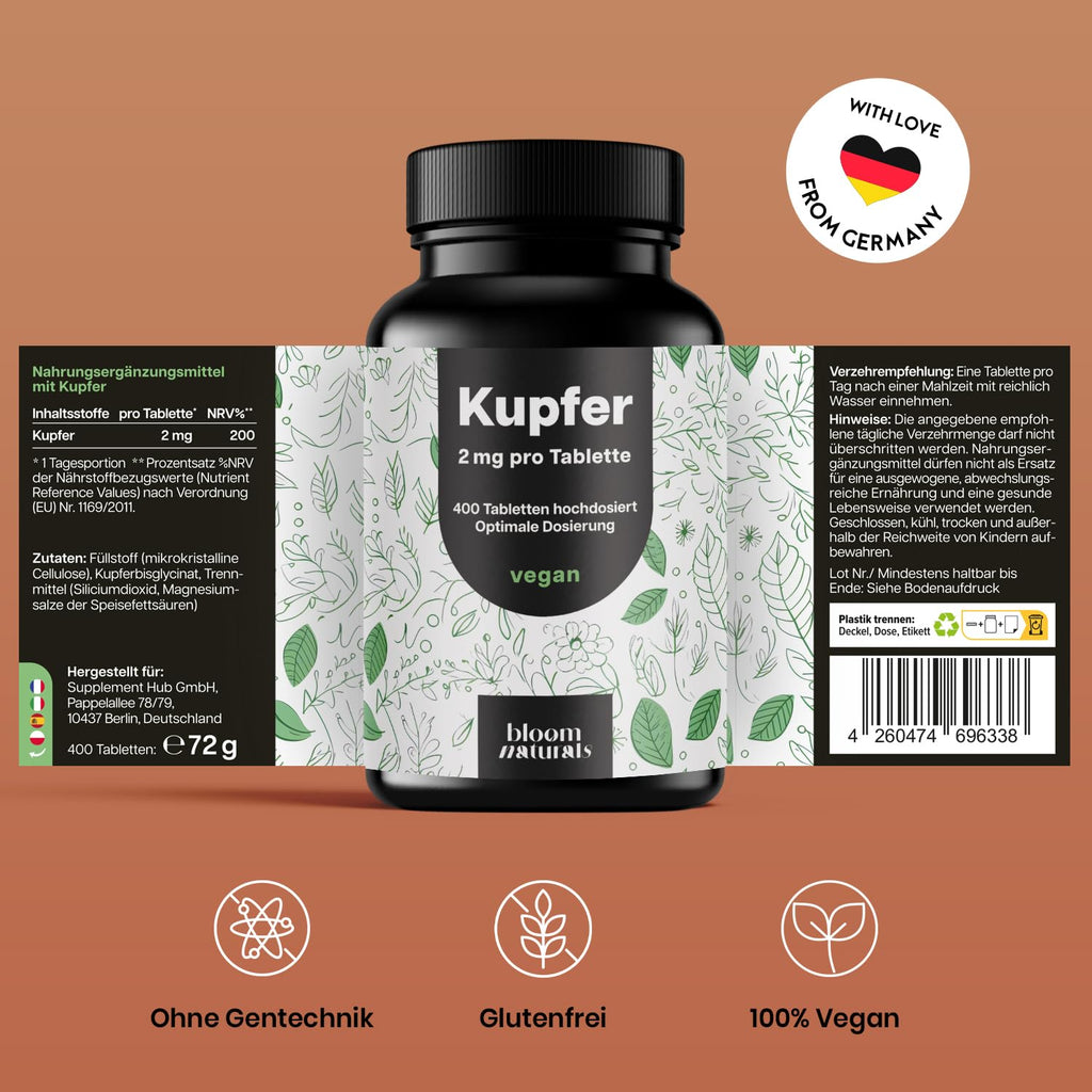 Kupfer Tabletten 400 Stück - 2 mg Vegan aus Deutschland