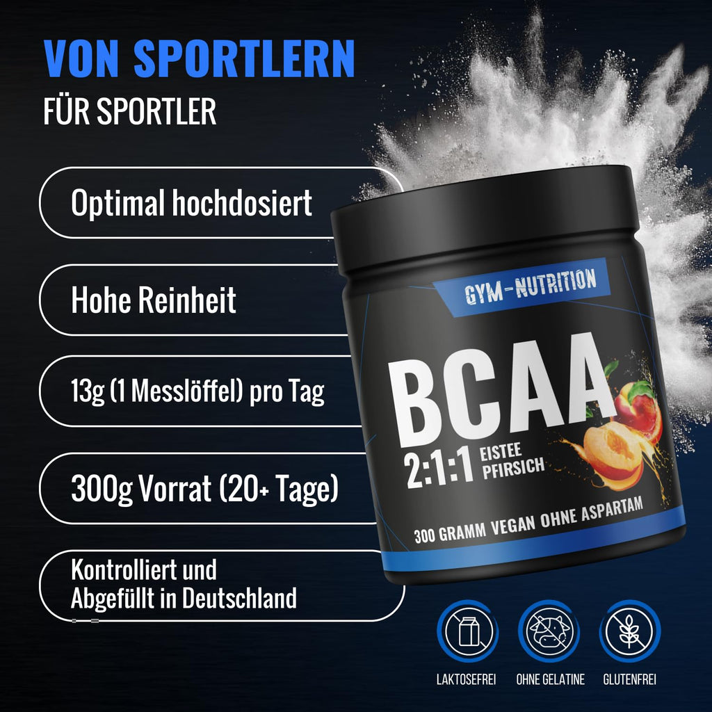BCAA Pulver Ice Tea Peach hochdosiert - 2:1:1 mit 13.000mg pro Portion - Essentielle Aminosäuren Leucin, Isoleucin, Valin - Leckerer Geschmack - Vegan & in Deutschland produziert