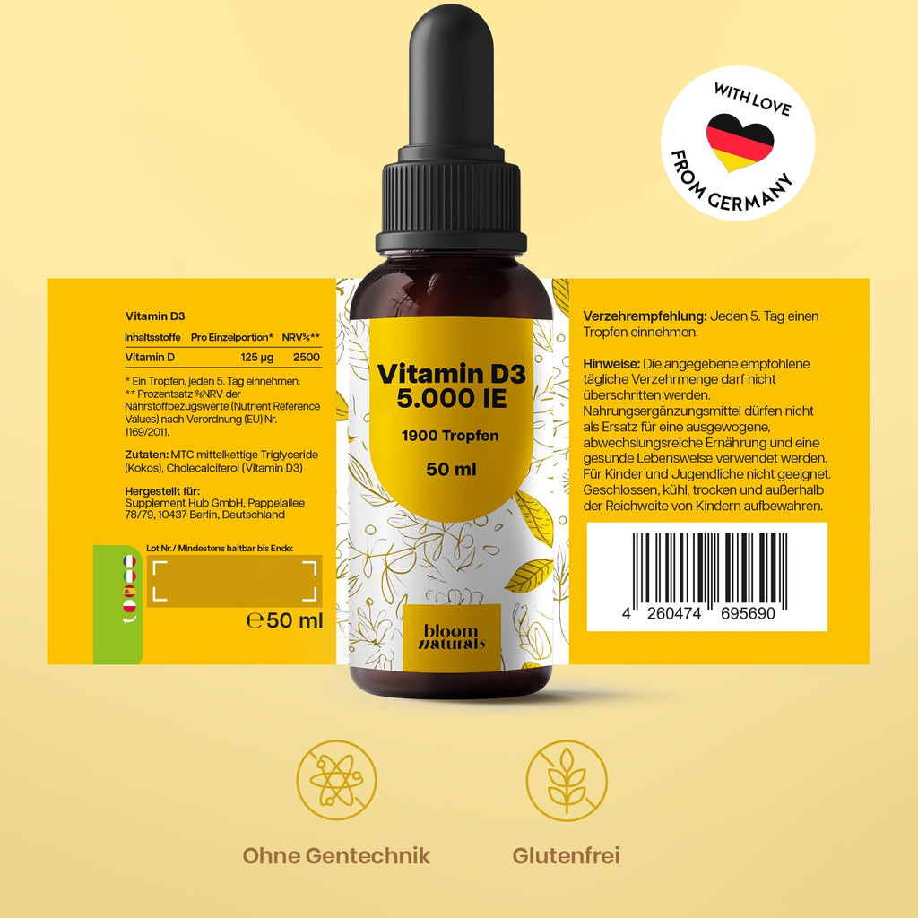 Hochdosiertes Vitamin D3 5000 IE - 1900 Tropfen 50ml