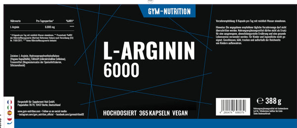 L-Arginin 6000 365 Kapseln Optimal hochdosiert - Vegan