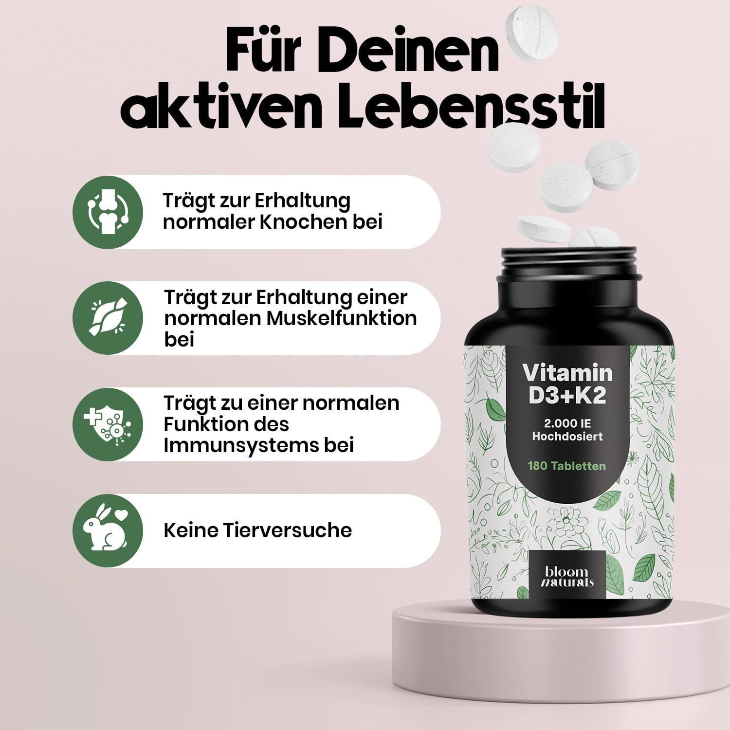 Vitamin D3 K2 hochdosiert – 180 Tabletten, 2000 IE