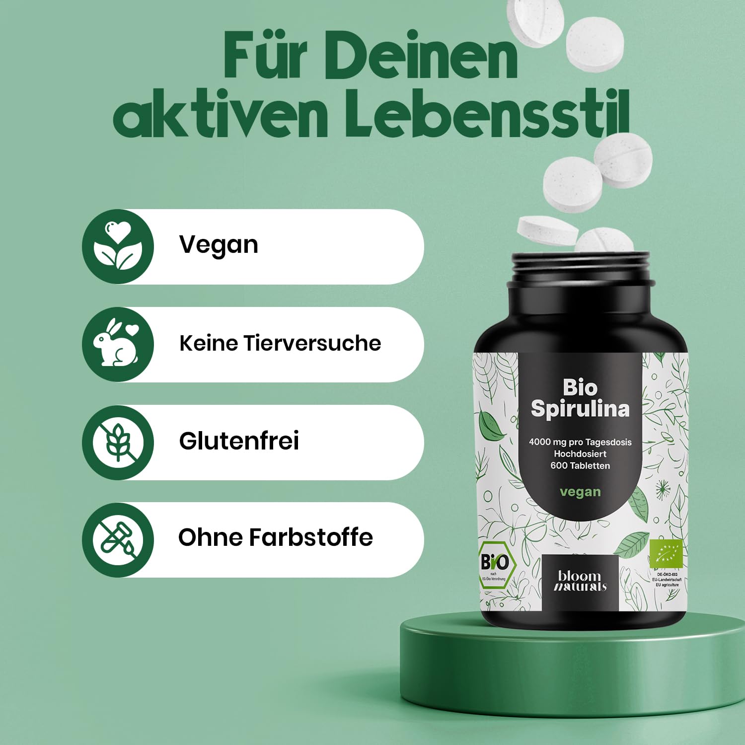 Hochdosierte Bio Spirulina Tabletten - 600 Stück, Vegan