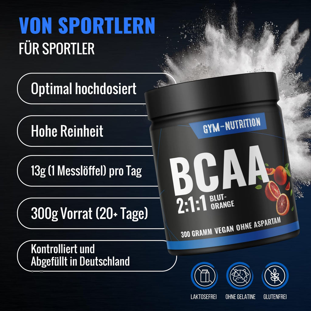 BCAA Pulver Blutorange hochdosiert - 2:1:1 mit 13.000mg pro Portion - Essentielle Aminosäuren Leucin, Isoleucin, Valin - Leckerer Geschmack - Vegan & in Deutschland produziert
