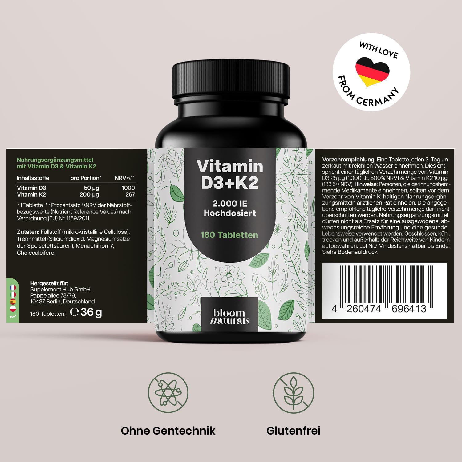 Vitamin D3 K2 hochdosiert – 180 Tabletten, 2000 IE