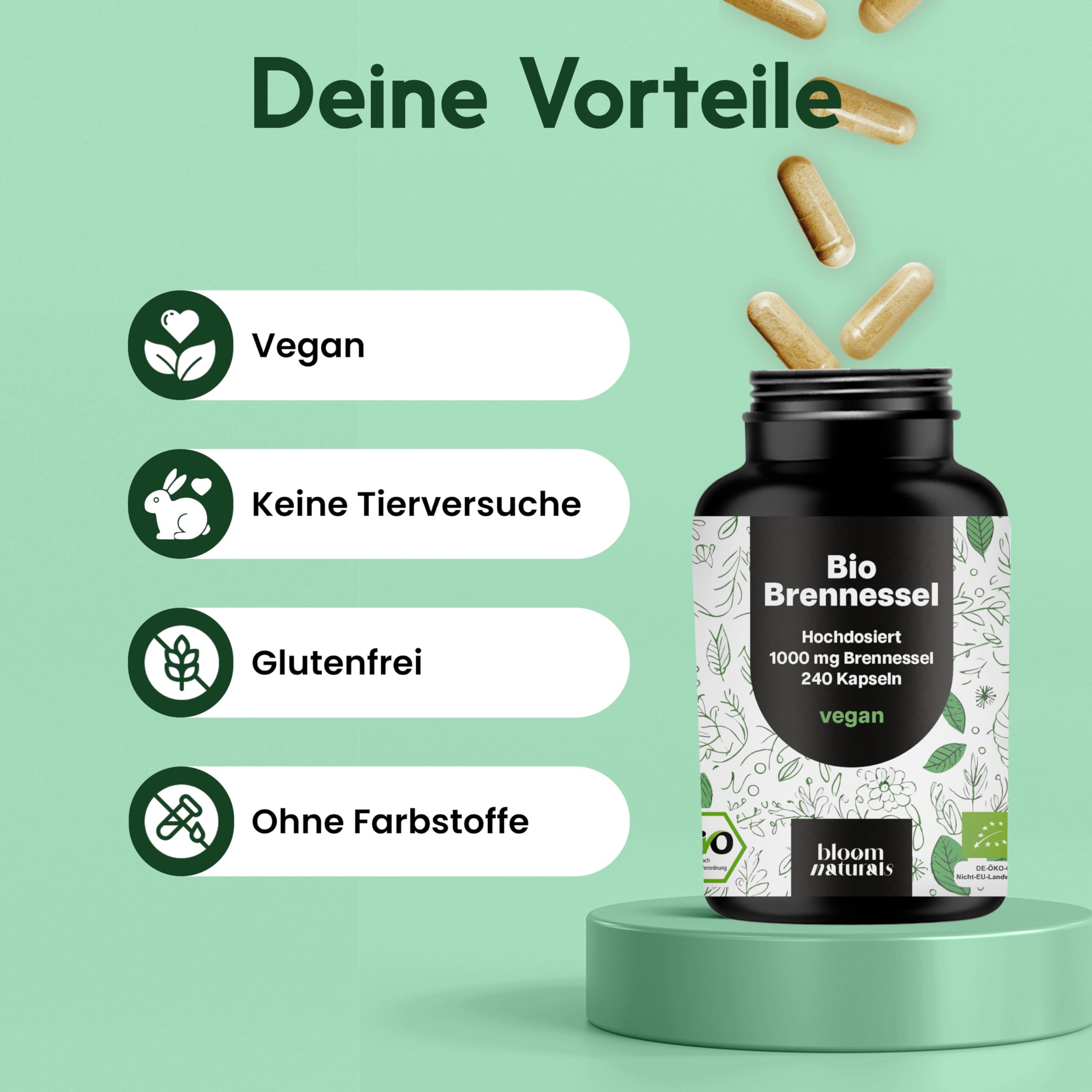 Bio Brennesselkapseln Hochdosiert – 240 vegane Kapseln – 1000 mg Brennnessel pro Bild 4