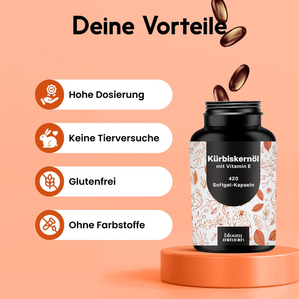 Kürbiskernöl Kapseln Hochdosiert mit Vitamin E - 420 Softgel-Kapseln - 3000 mg K Bild 4