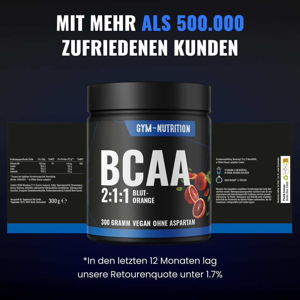 BCAA Pulver Blutorange hochdosiert - 2:1:1 mit 13.000mg pro Portion - Essentielle Aminosäuren Leucin, Isoleucin, Valin - Leckerer Geschmack - Vegan & in Deutschland produziert