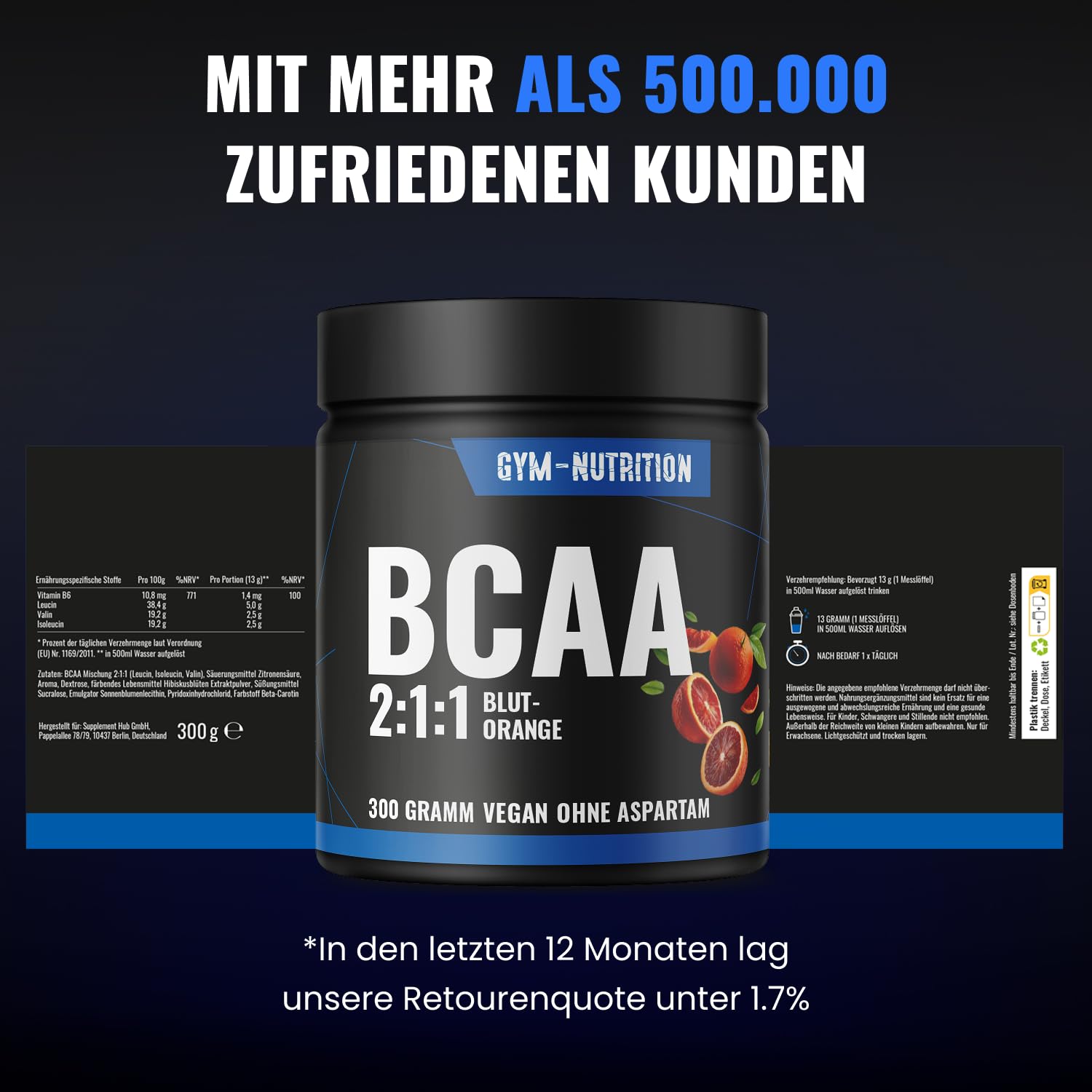 BCAA Pulver Blutorange hochdosiert - 2:1:1 mit 13.000mg pro Portion - Essentielle Aminosäuren Leucin, Isoleucin, Valin - Leckerer Geschmack - Vegan & in Deutschland produziert