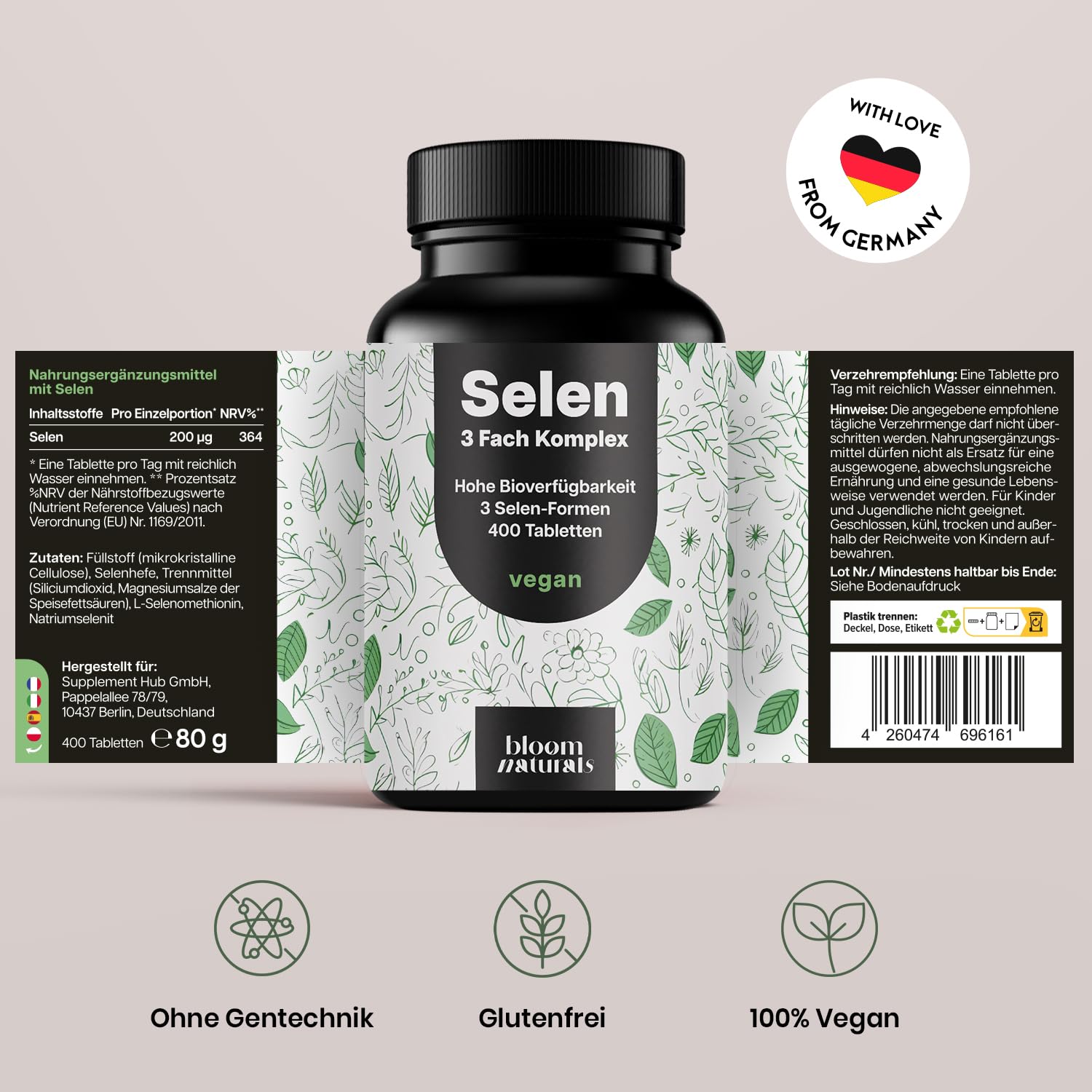 400 Tabletten Selen 200µg - 3-Fach-Komplex, Vegan & Laborgeprüft