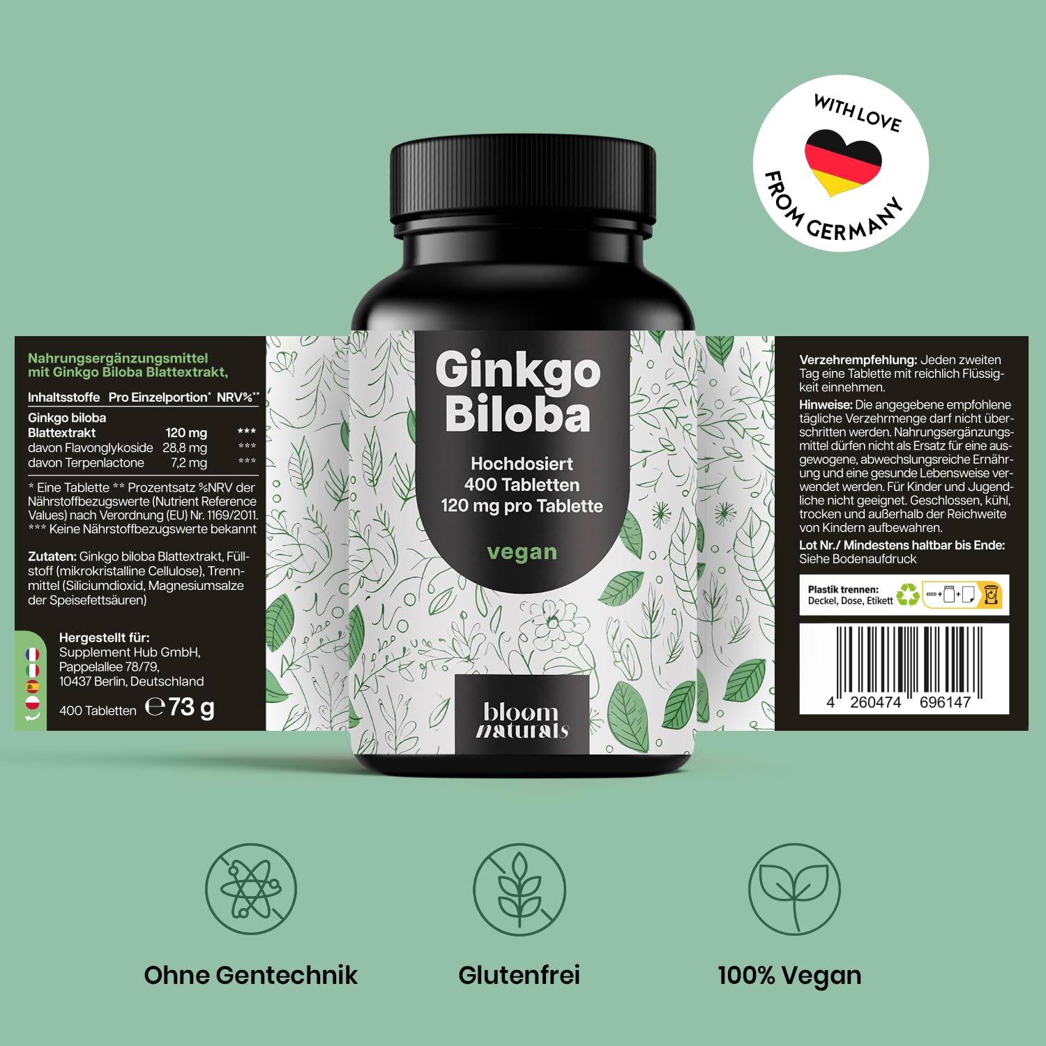 Ginkgo Biloba 400mg Tablets - Vegan & Easy to Swallow