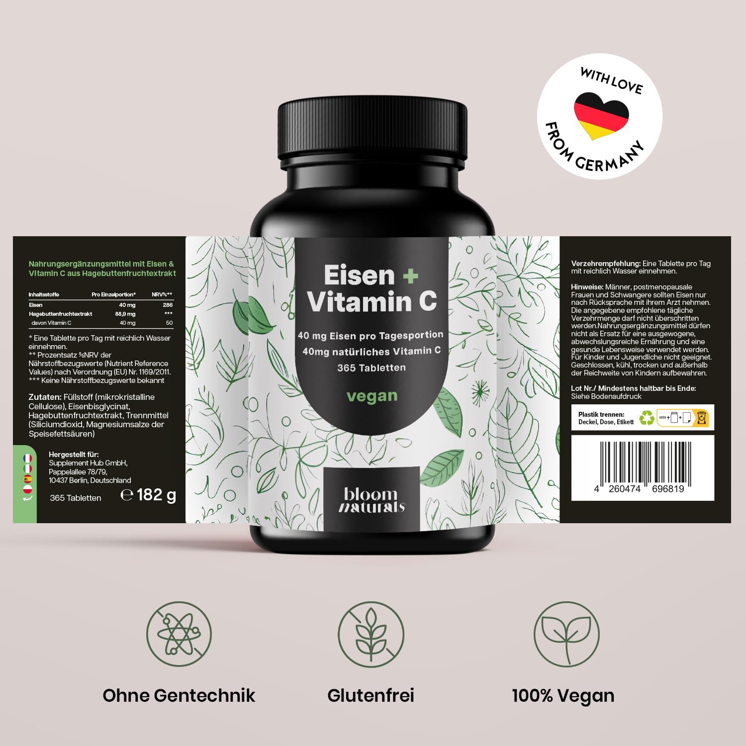 Eisen + Vitamin C - 365 vegane Tabletten, Laborgeprüft