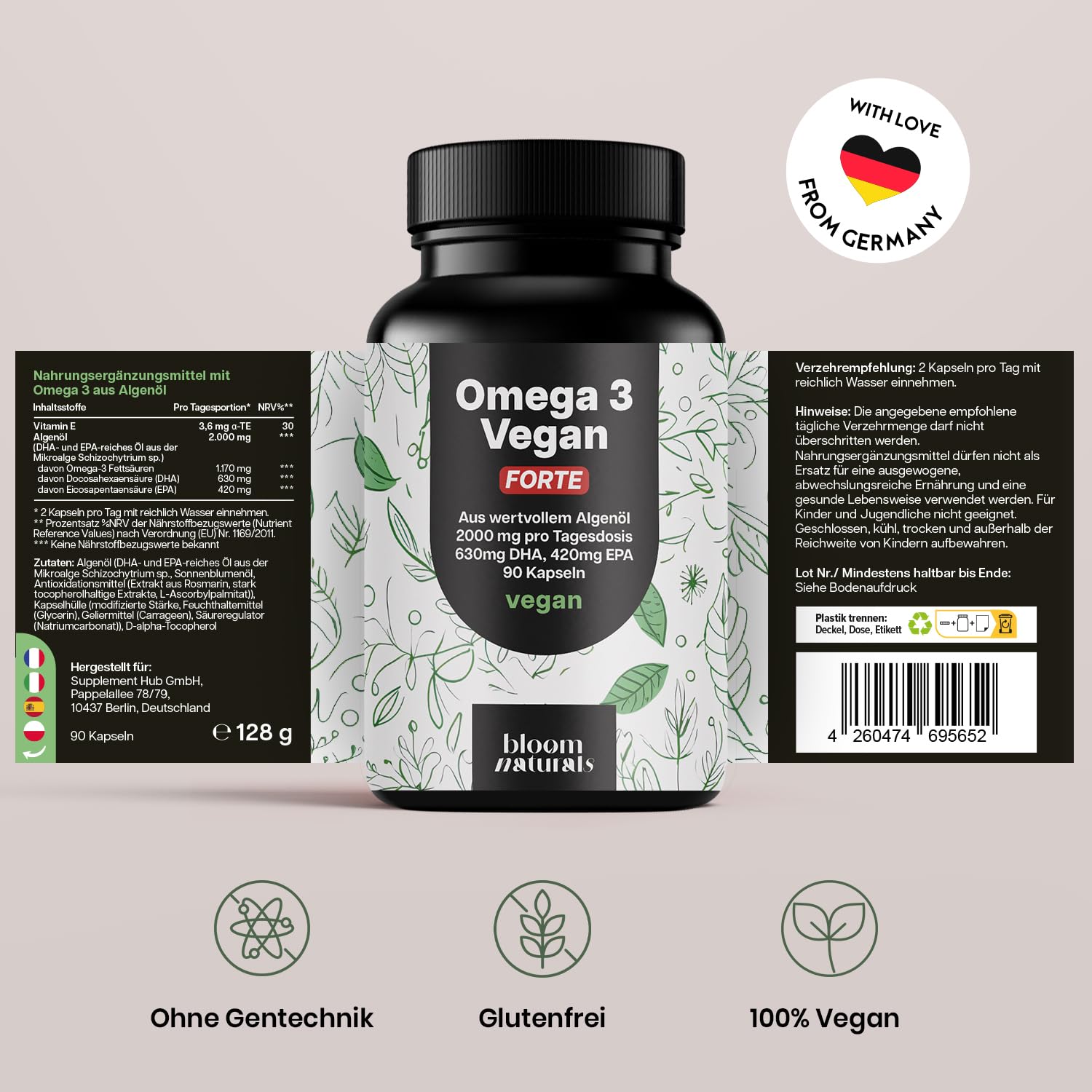 Omega 3 FORTE Vegan Kapseln - 90 Stück - 2000mg Algenöl