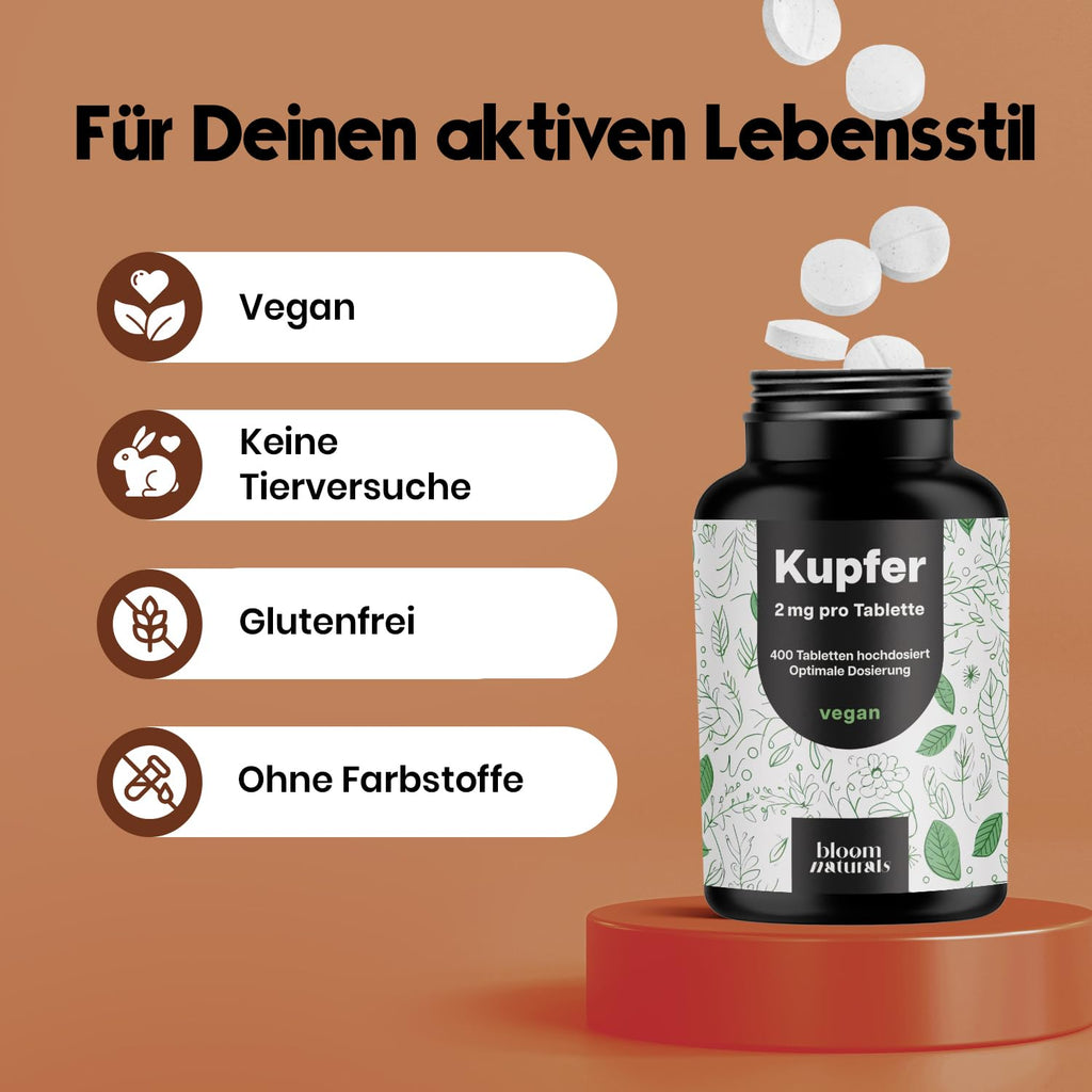 Kupfer Tabletten 400 Stück - 2 mg Vegan aus Deutschland