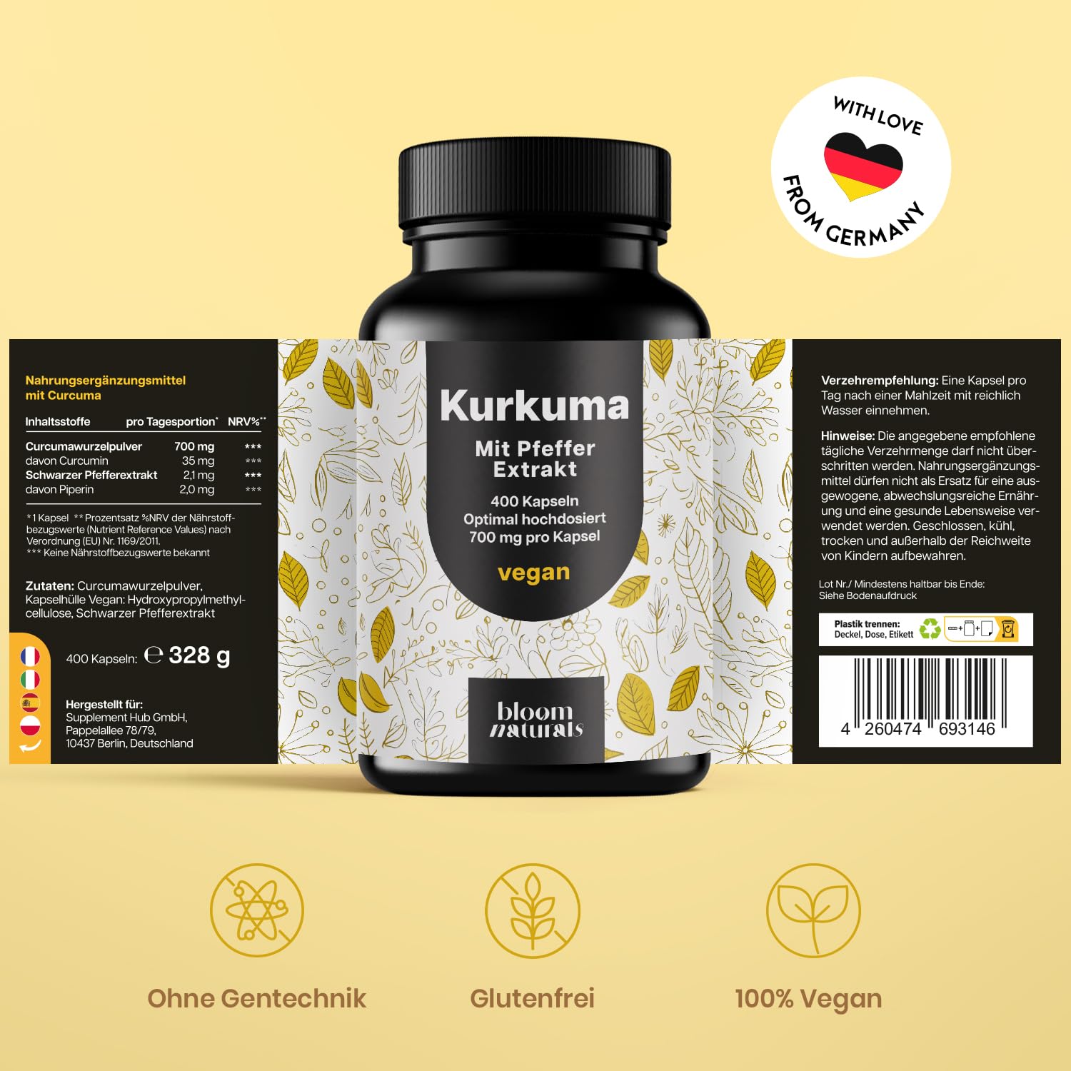Hochdosierte Kurkuma Kapseln 700mg - 400 Stück - Vegan