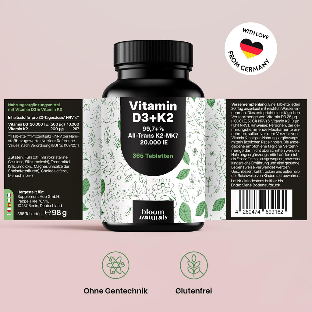 Vitamin D3 K2 20,000 IE – 365 Tablets – XXL Family Pack