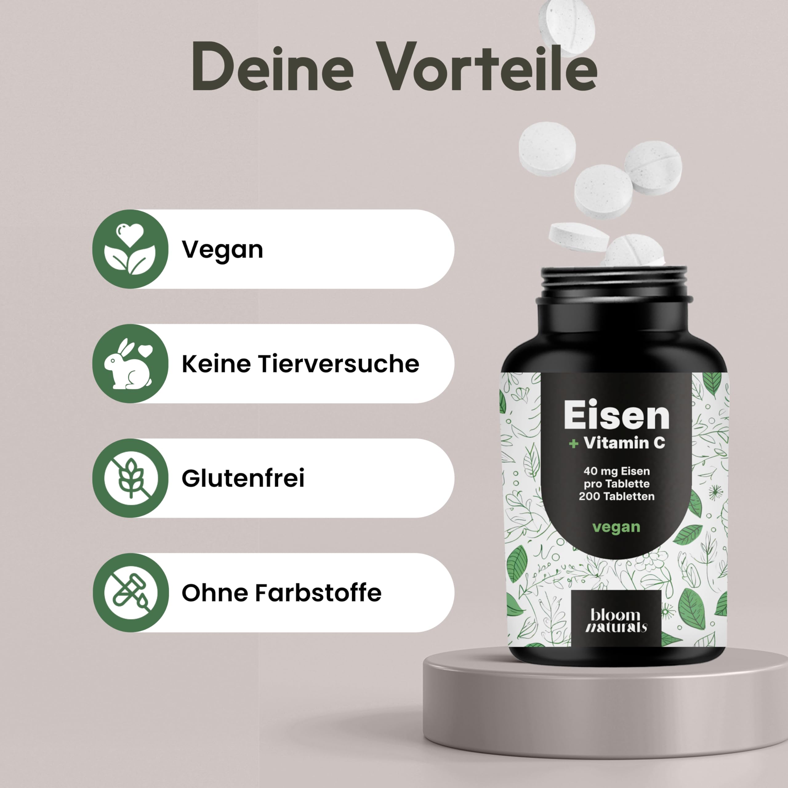 Eisen Vitamin C Tabletten hochdosiert - 200 Tabletten - Hohe Bioverfügbarkeit, 40 mg Eisen pro Tablette - Vegan & produziert in Deutschland - Verpackung kann variieren