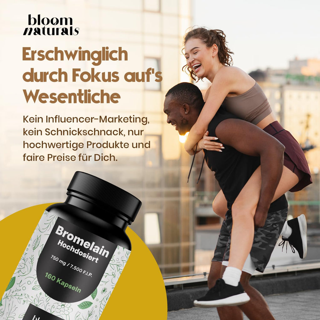 Bromelain Kapseln Hochdosiert - 160 Stück - 750 mg / 7500 F.I.P. Magensaftresistent, Ananas - Produziert in Deutschland - Verpackung kann variieren Laborgeprüft