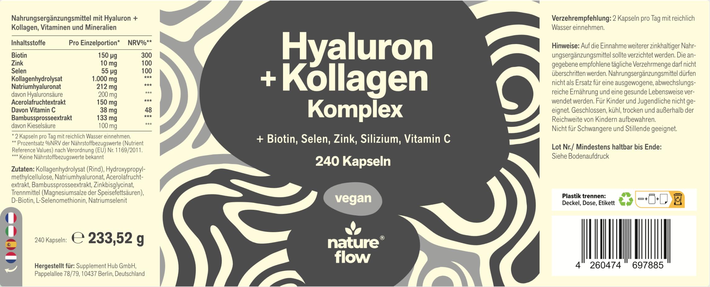 Kollagen Kapseln Hochdosiert - 240 Kapseln - Hyaluron Kollagen Komplex mit Biotin, Selen, Zink, Sili