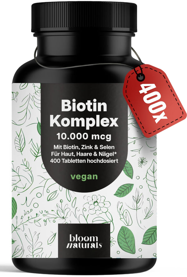 Biotin hochdosiert - 10.000 mcg - 400 Tabletten - Komplex mit Zink & Selen - Vegan & produziert in Deutschland - Verpackung kann variieren