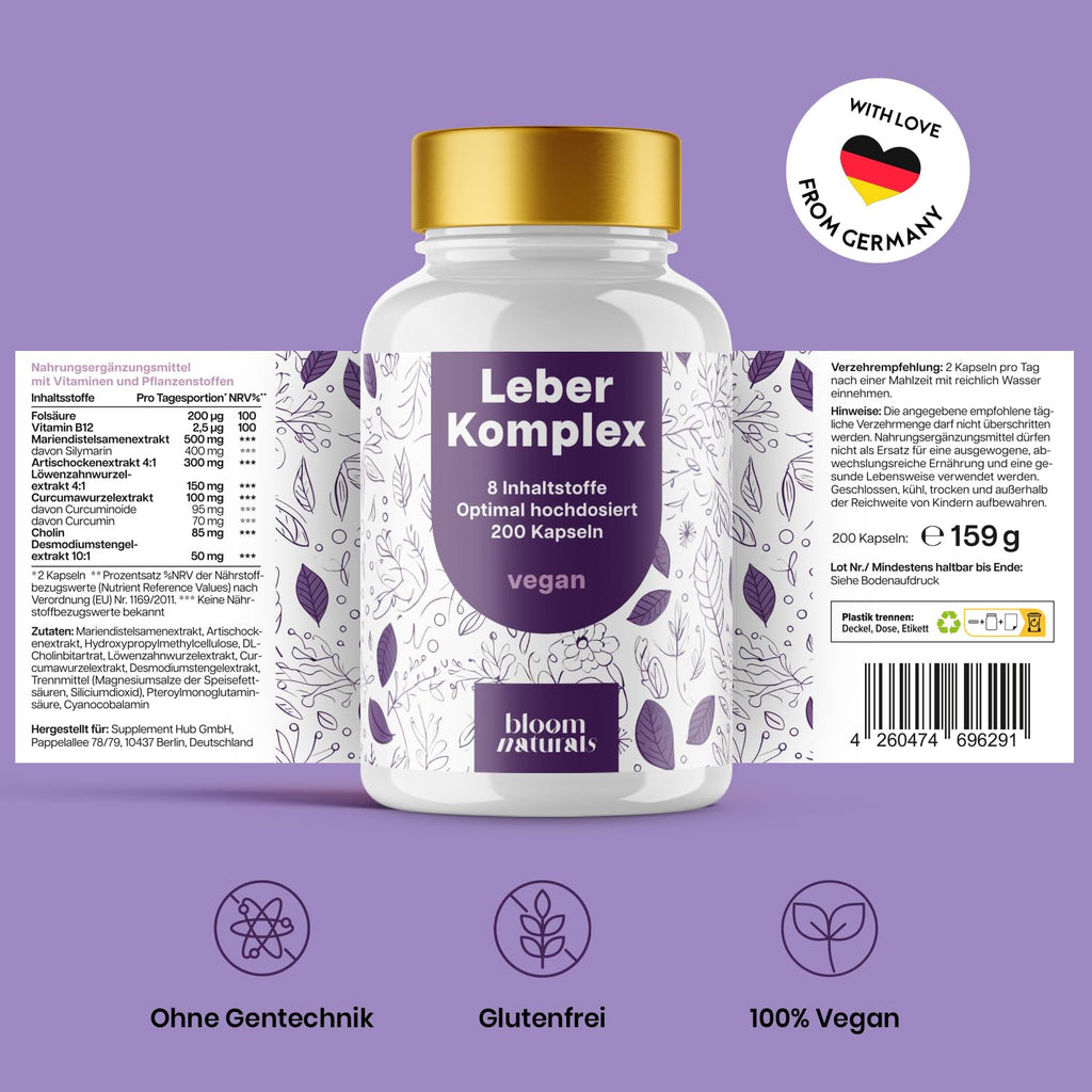 Hochdosierter Leber Komplex 200 Kapseln - 8-in-1 Vegan