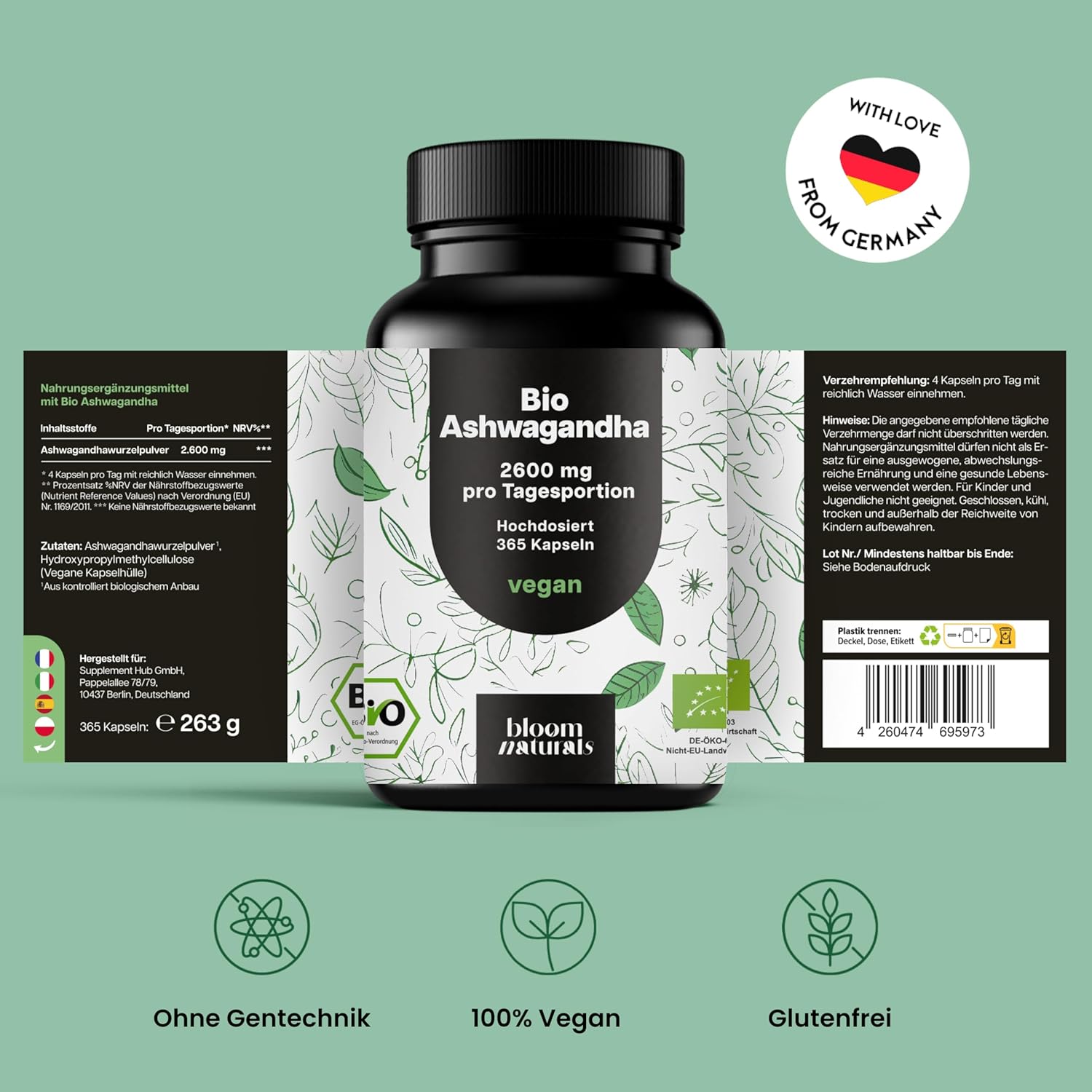 Bio Ashwagandha Kapseln 365 - Hochdosiert & Vegan