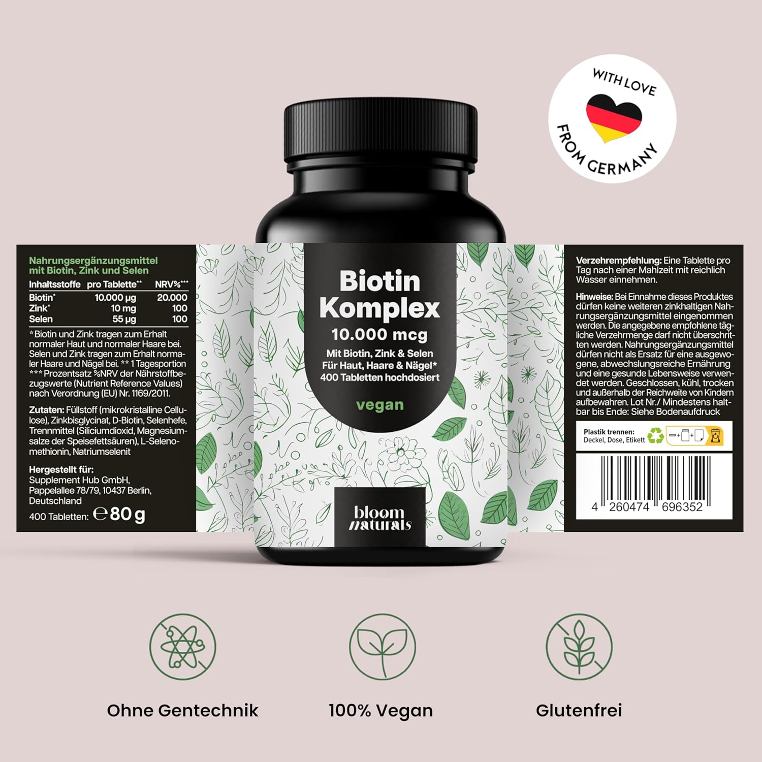 Biotin, Zink, Selen Komplex 10.000 mcg - 400 Tabletten Vegan